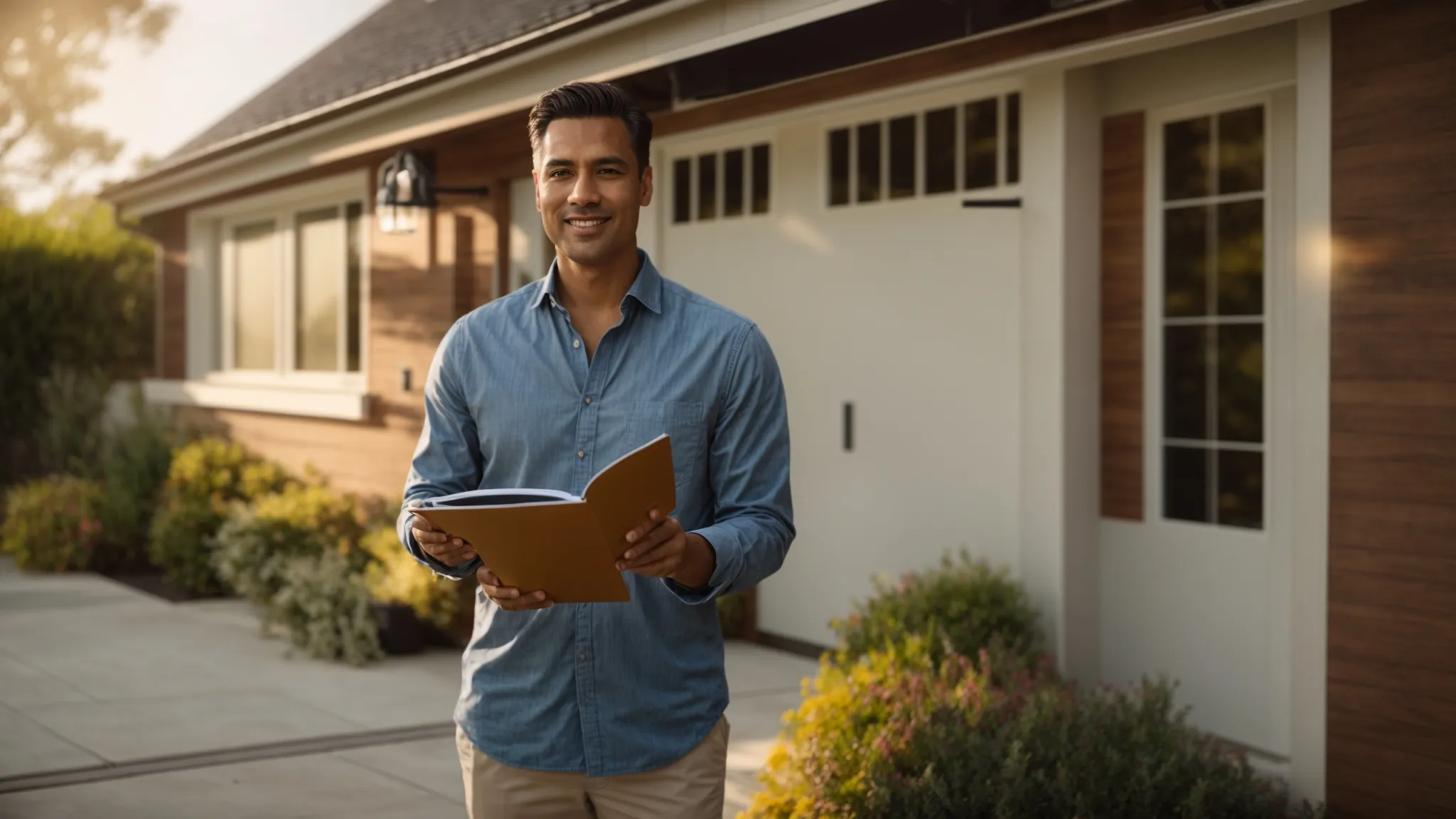 a confident homeowner stands beside a beautifully maintained garage door, thoughtfully reviewing service options while surrounded by a selection of professional brochures and glowing customer testimonials, illuminated by warm, natural light streaming through a nearby window.