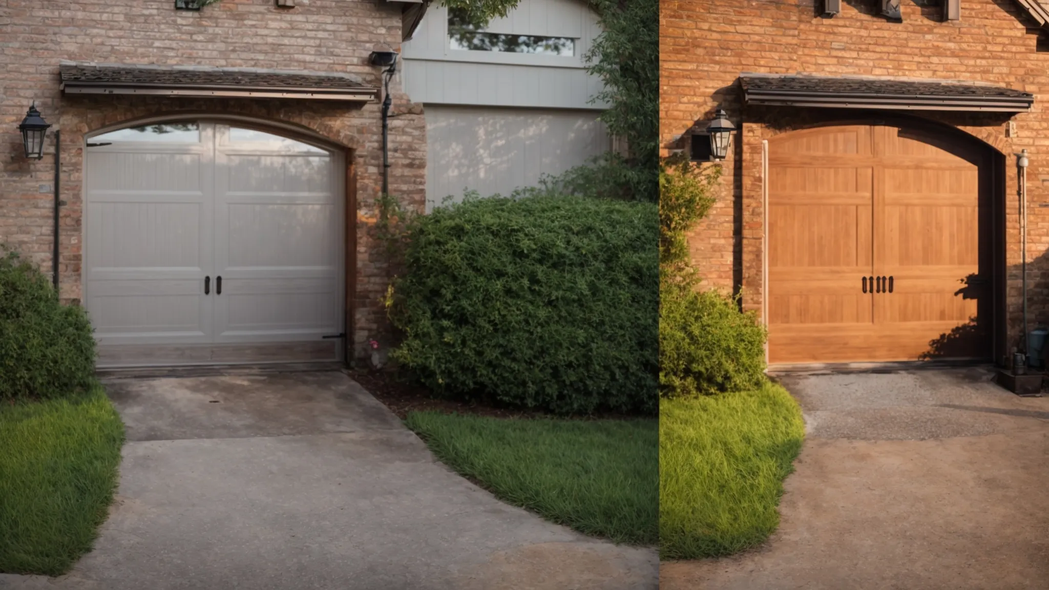 a dramatic before-and-after comparison of a garage door, showcasing a neglected, rusted version on one side, contrasted sharply with a pristine, well-maintained door on the other, illuminated by soft, warm sunlight to emphasize the transformation and benefits of regular maintenance.