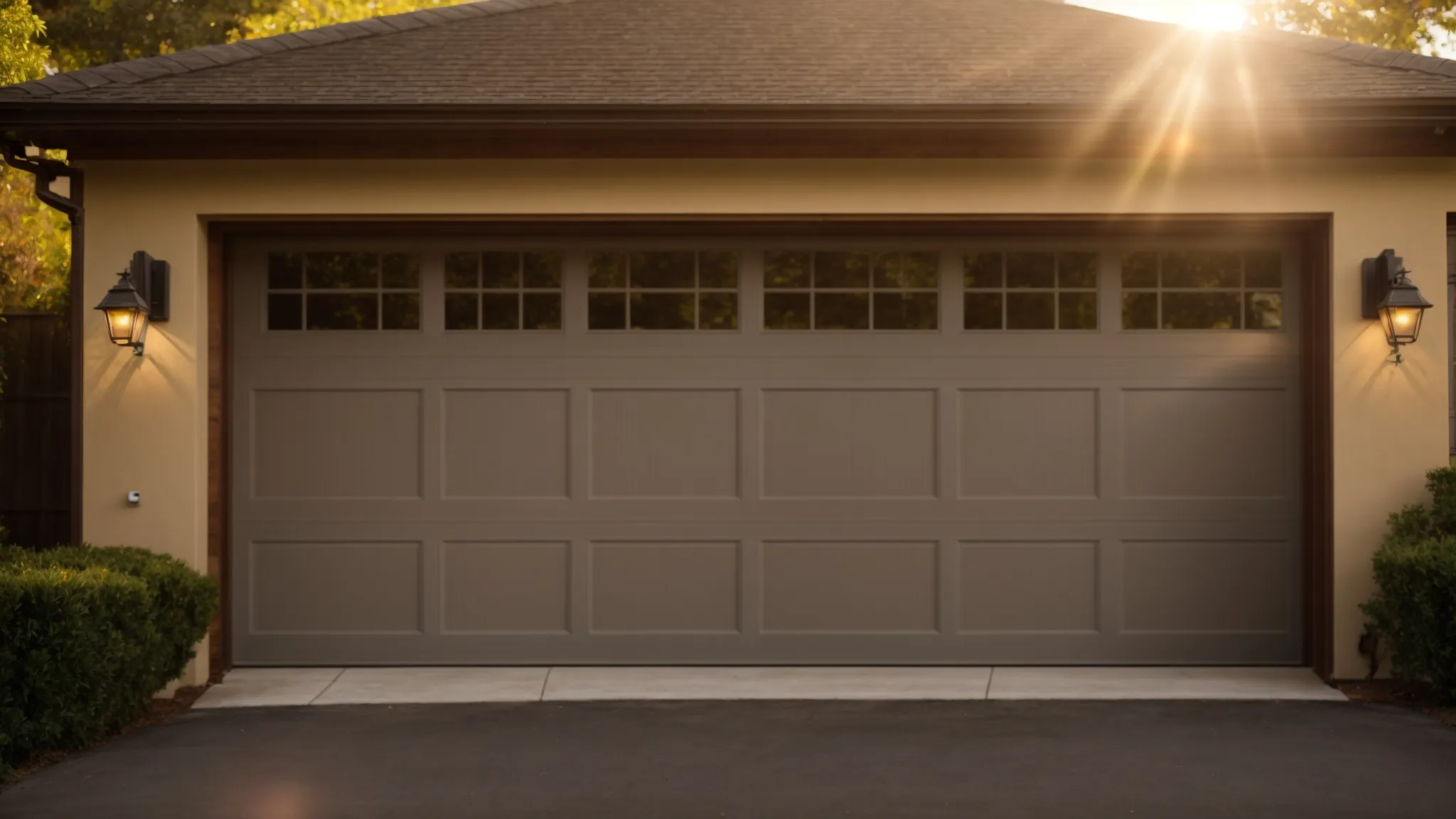 a gleaming, well-maintained garage door stands proudly in the soft golden glow of the late afternoon sun, symbolizing the importance of regular upkeep and care for longevity and reliability.