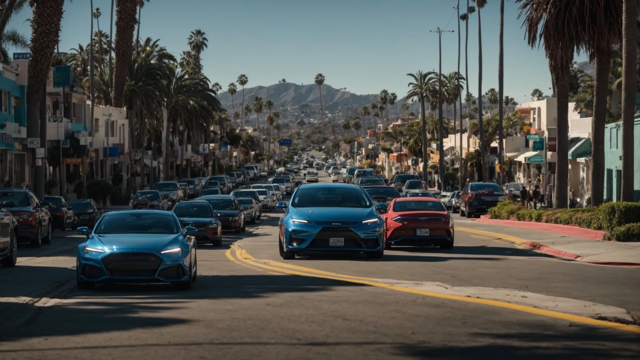 a vibrant street in santa monica showcases a diverse array of local gate repair companies, each adorned with eye-catching signage and bustling with activity under the warm california sun.