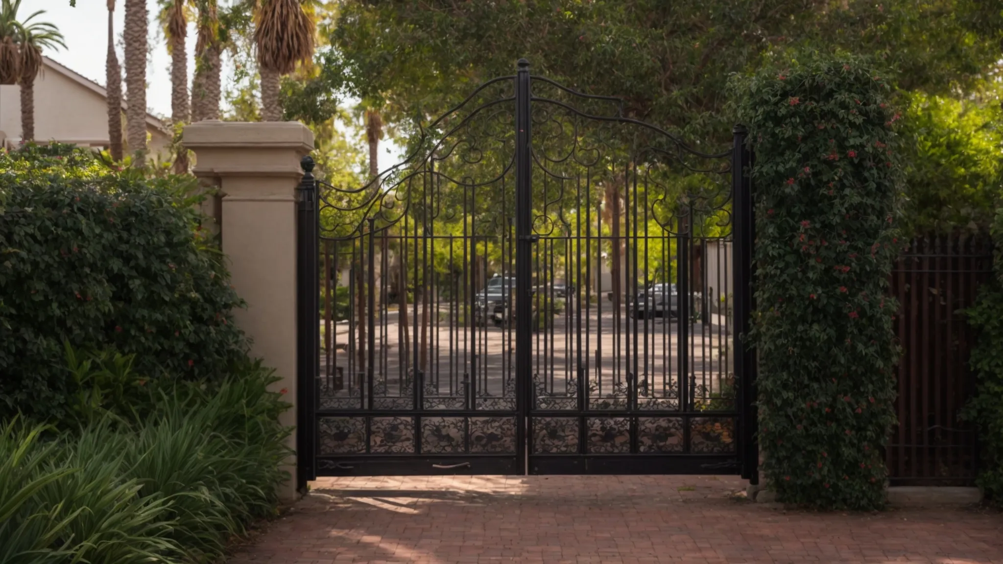 a weathered but stately iron gate stands resolutely against a backdrop of vibrant greenery in santa monica, capturing a moment of quiet reflection on the importance of maintenance and security.